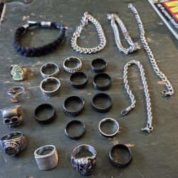 Men’s Jewelry Lot – 18 Rings + 5 Chains & Bracelets (Black & Silver Styles)