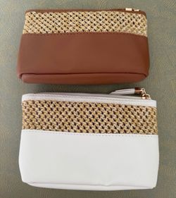 Lot of 2 white and brown soft leather straw beach summer makeup cosmetic zipper pouch bag Brand new without tags  Gifted from Saks Fifth Avenue  Appro