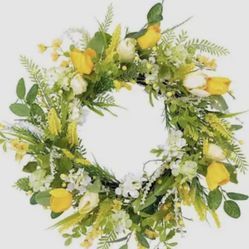 Beinhome 26 Inch Tulip Wreaths for Front Door, Handmade Spring Summer Artificial Wreath with Yellow Tulip and Greenery, Perfect Wreath for Outdoor Hom