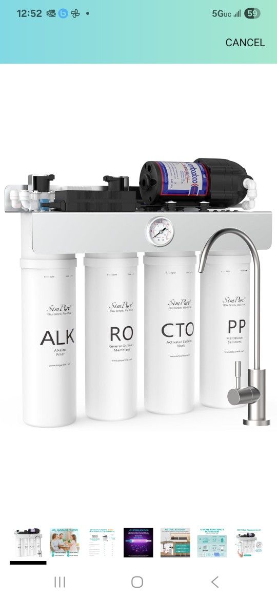 SimPure T1-400ALK Alkaline UV Reverse Osmosis System, NSF/ANSI 58 Certified, Tankless RO Water Filter System 400 GPD, pH+ Remineralization Water Filtr