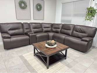 Living Spaces Brown Leather Power Reclining Sectional Couch