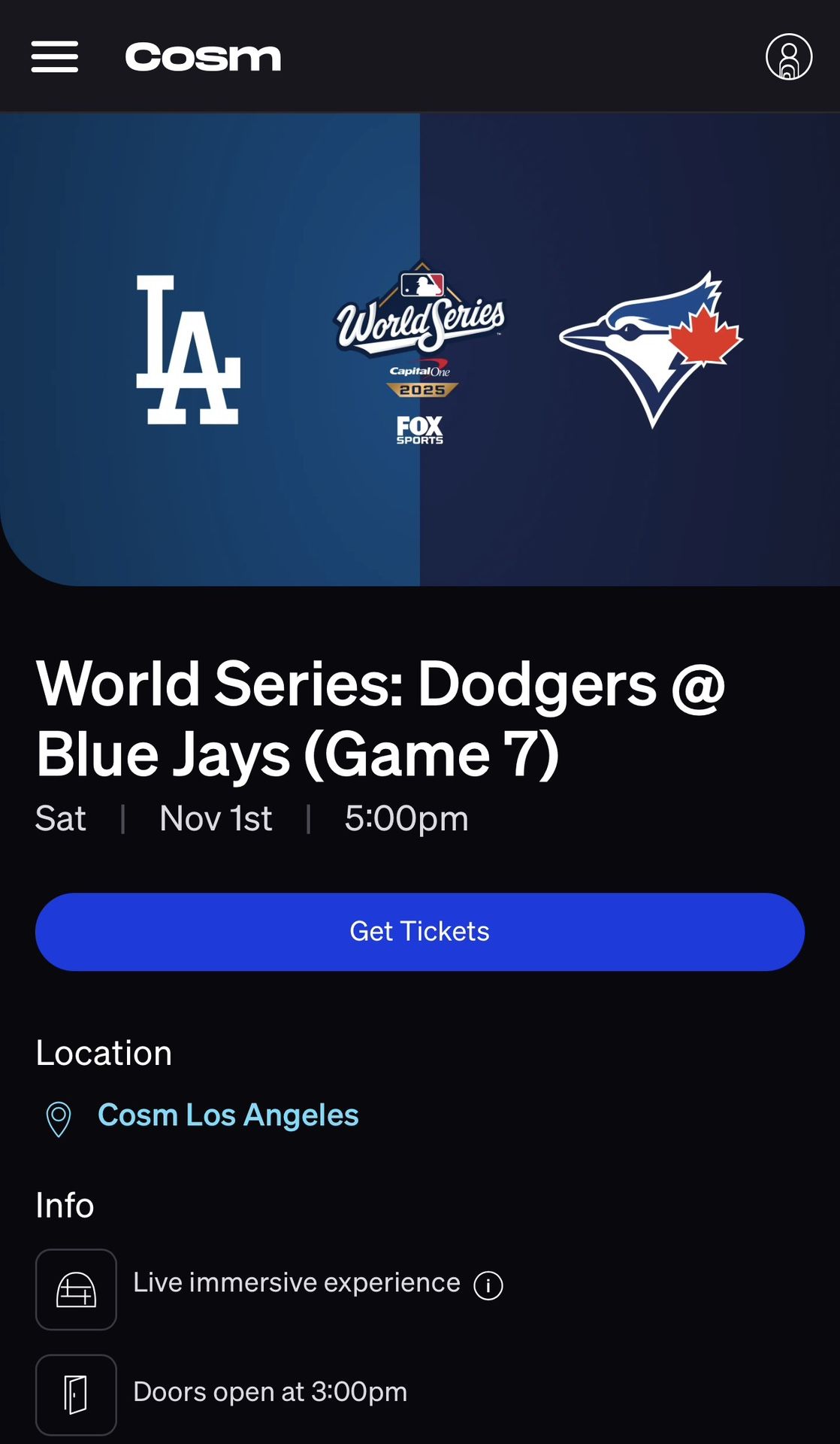 Dodgers World Series Game 7 COSM Ticket