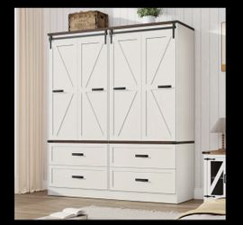 Farmhouse 4 Doors Armoire Wardrobe Closet L ED Lighting