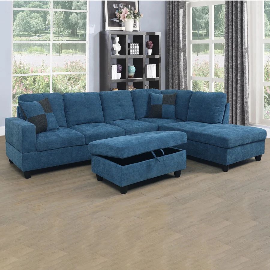 Blue Sectional Couch Set With Ottoman