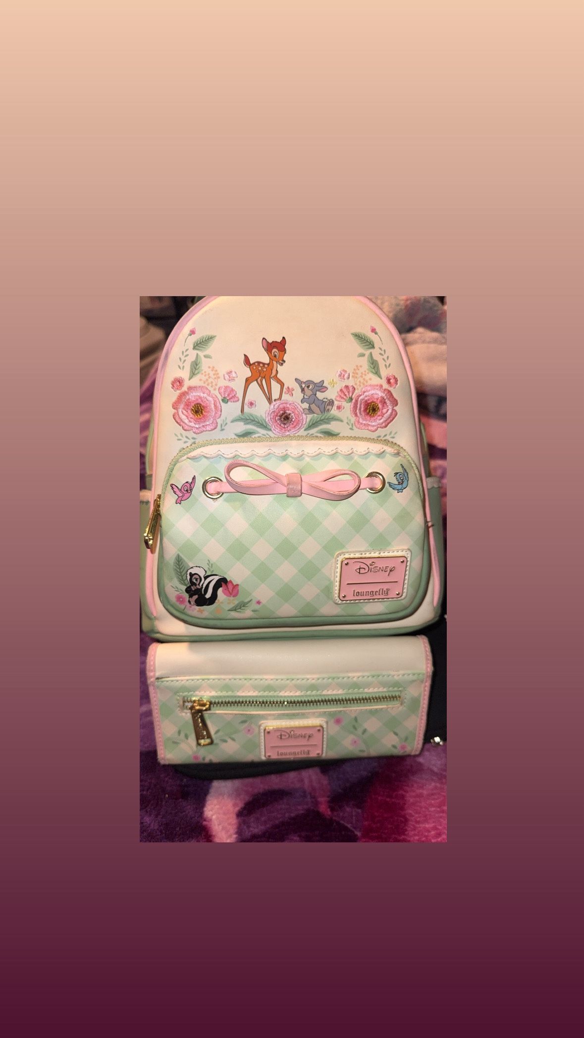 bambi floral gingham backpack with matching wallet