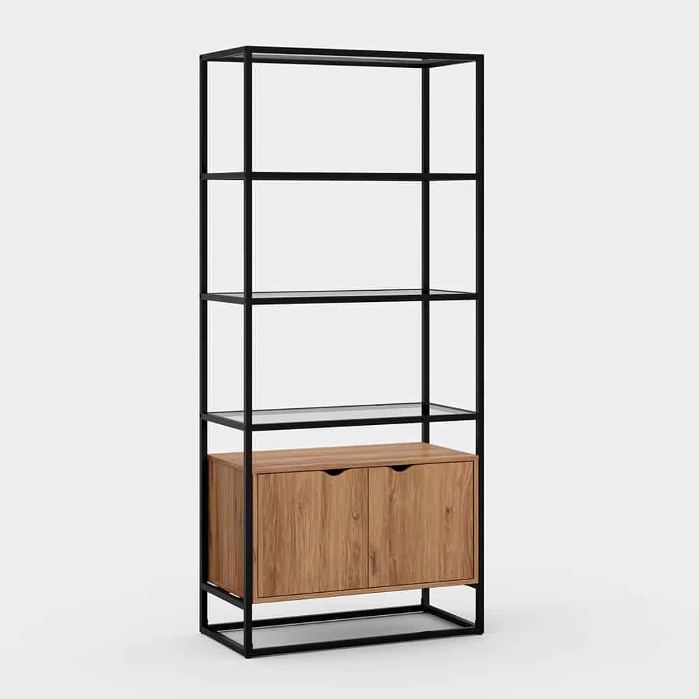 Bookshelf with Glass Shelves, Inclosed Storage, and Power Cord