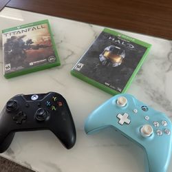 Xbox One Two Controllers, Cords, Halo And Titan fall 