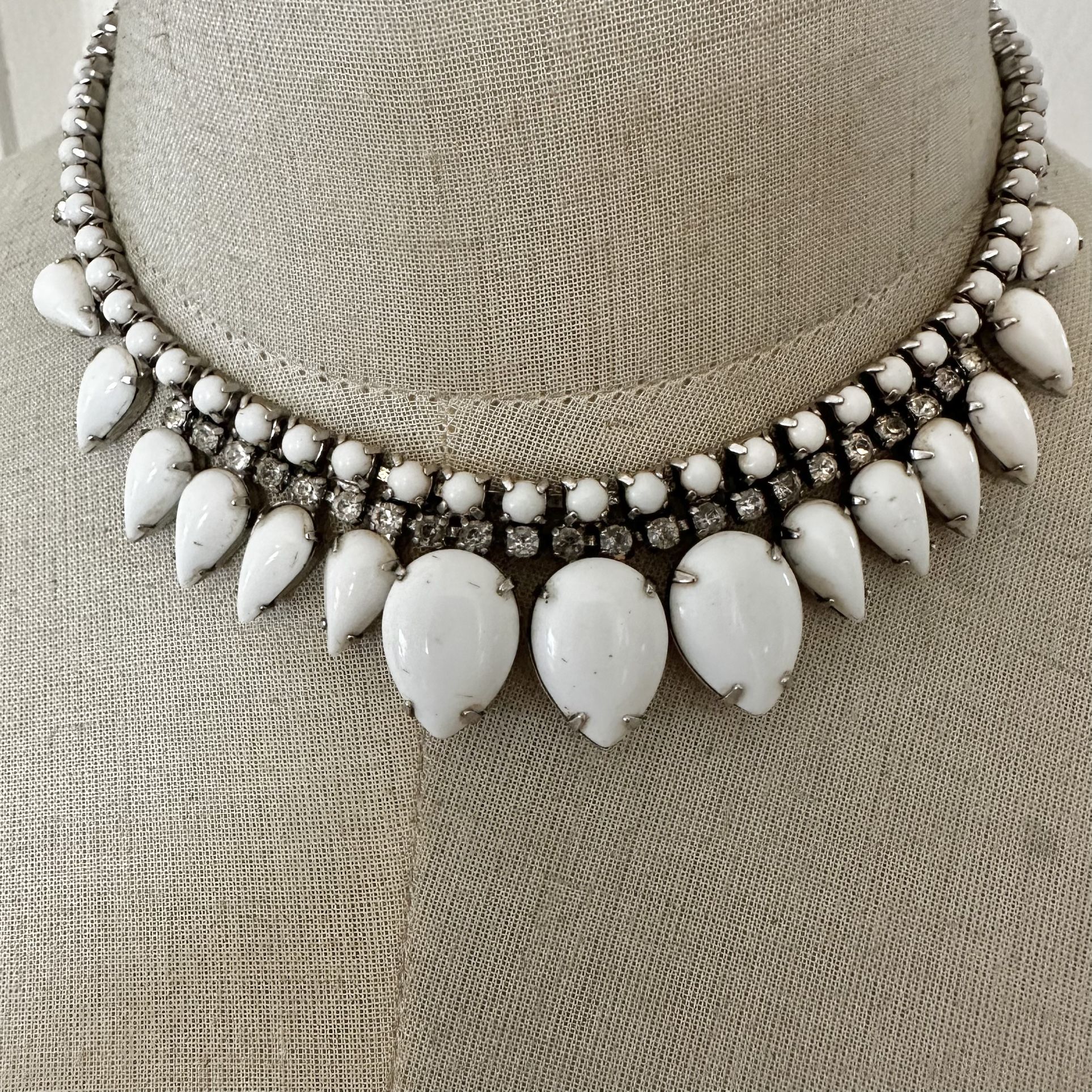 Kramer white milk glass rhinestone vintage Choker Necklace