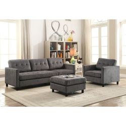 grey sofa set sofa, chair and ottoman, 3 pieces new in boxes