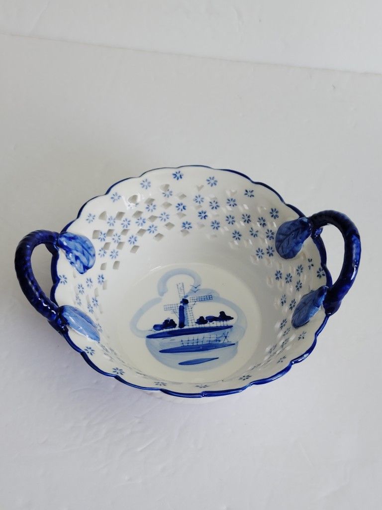 Vintage Delft Open Weave Blue and White Windmill Double Handled Porcelain Bowl