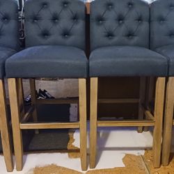 Set Of 4 Blue Fabric Tall Bar Stools Like New