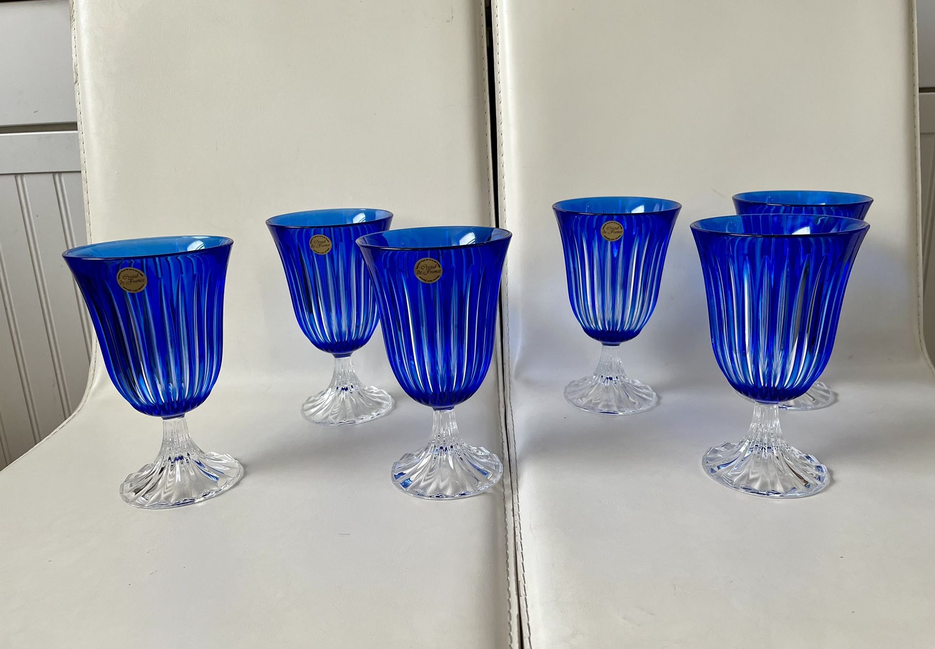 Vintage Crystal De France Blue Genuine Glasses Wine Goblets Of 6