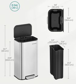 SONGMICS 8 Gallon Garbage Trash Can Wide Foot Pedal Soft Close Lid - Stainless Steel