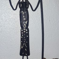 Metal and Wood Folk Art Woman Candle Holder, Iron and Wood Primitive Boho Home Decor