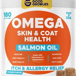 Omega 3 Fish Oil for Dogs (180 Ct) - Skin & Coat Chews - Dry & Itchy Skin Relief + Allergy Support - Shiny Coats - EPA&DHA Fatty Acids - Natural Salmo