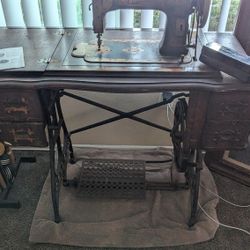 Antique  White Sewing Machine And Cabinet With Attachments And Original Manuals