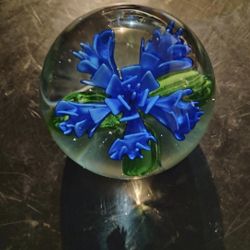 Art Deco Glass Paperweight 3x3" Blue & Green Multi Petal Flower and Rose