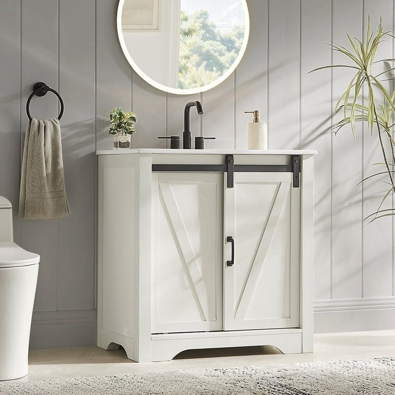 30 Inch Bathroom Vanity with Sink Combo, Farmhouse Bathroom Vanities with Sliding Barn Door & Metal Handle, Freestanding Single Sink Cabinet with Adju
