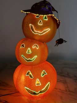 Fiber Optic Jack O Lantern Pumpkin Stack Multi Color Light Up 18" Lamp Halloween