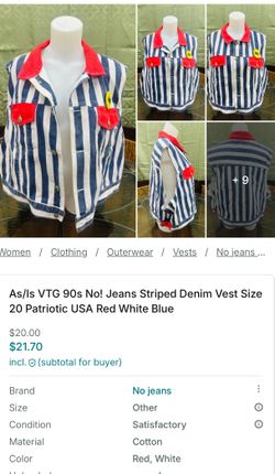 As/Is VTG 90s No! Jeans Striped Denim Vest Size 20 Patriotic USA Red White Blue