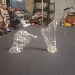 Set Of 2 Christmas Ornaments, Clear Plastic Musical Instruments W/Applied Stars - French Horn & Harp, Approx 4" W/Silver Hanging String