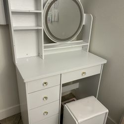 White Vanity Desk with Mirror & Stool 