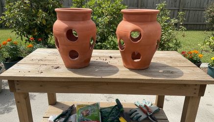 $35 for both! Two 15” Terracotta Strawberry Jar Planter Flower Pots! Great condition!