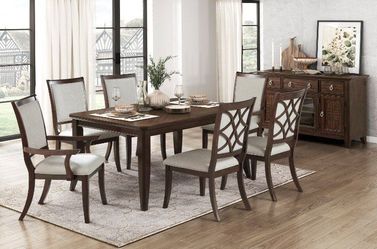 Meticulously crafted cherry finish large dining set w/extension leaves