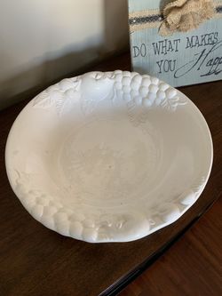 White ornate decorative glass bowl.. 14”diameter.