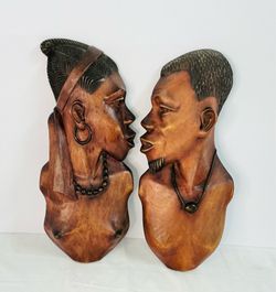 Vintage Hand- Carved African Couple Wall Plagues- Wood Bust Relief Sculptures- 17.5”, Pair.