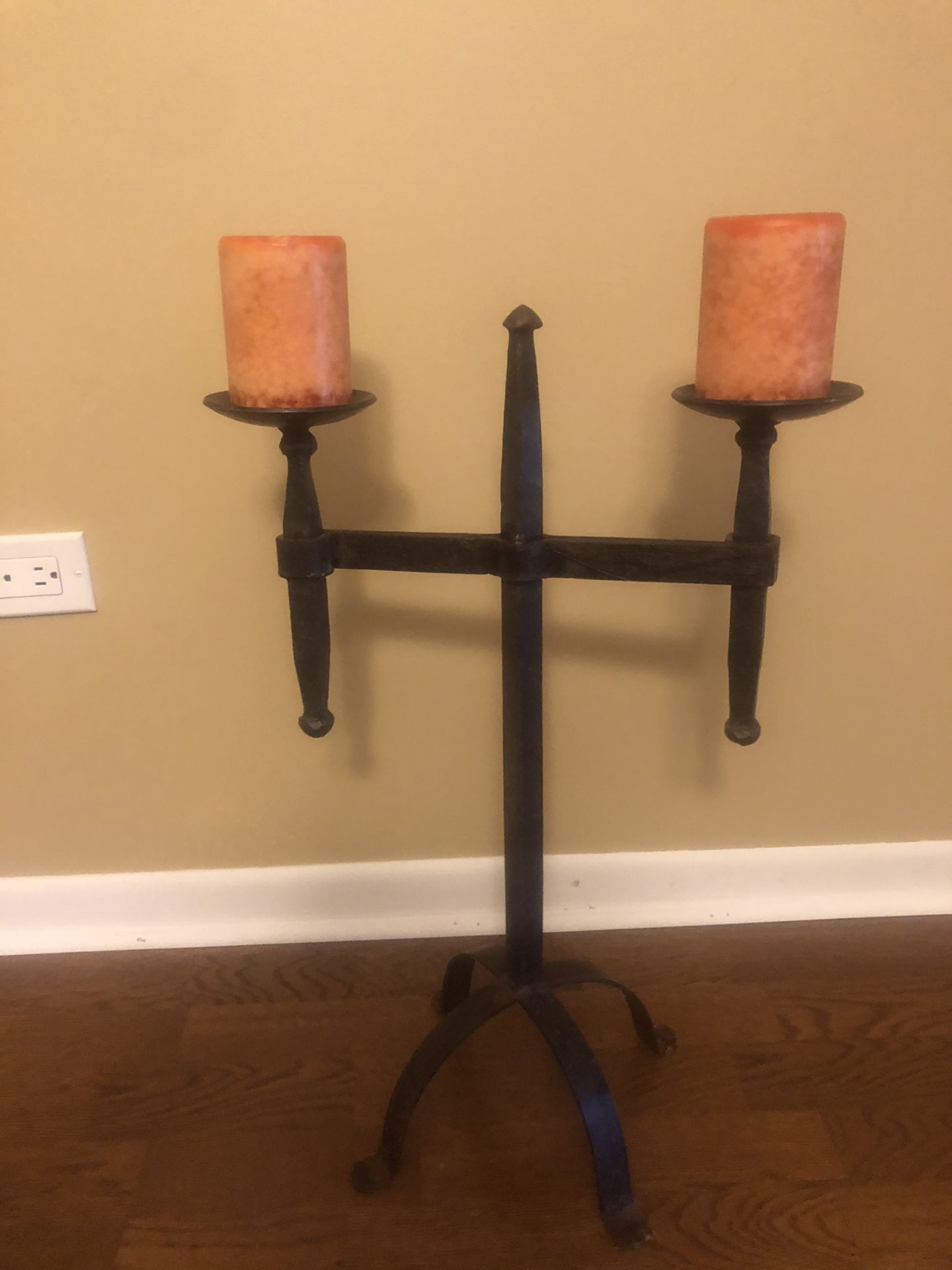 Large Rustic Iron Patinated Mid-evil Style Candle Holder (includes the two candles shown)