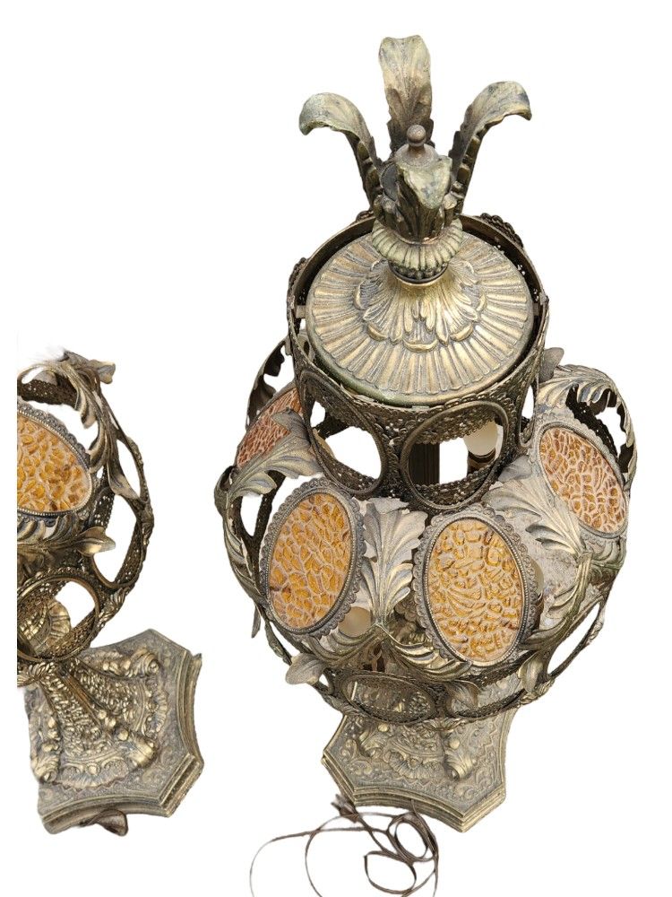 Set Pair 2 Vintage Loevsky? Brass? End Table Lamps Heavy Hollywood Regency 1970s MCM Moroccan