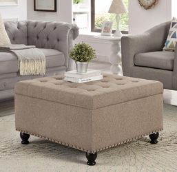 GDFStudio Storage Ottoman Upholstered Tufted Button Coffee Table with Nails Trim Large Square Linen Storage Ottoman Foot Rest Stool with Spindle Woode