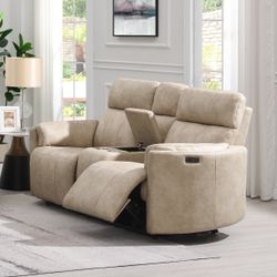 Elison Beige Power Motion Loveseat W/Console & Storage