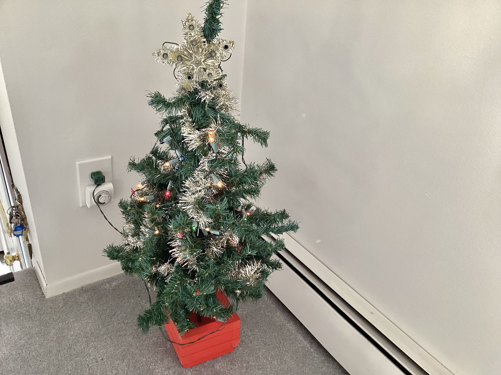 Vtg. 3 Foot Artificial Christmas Tree Wood Stand + Garland + Lights + Star