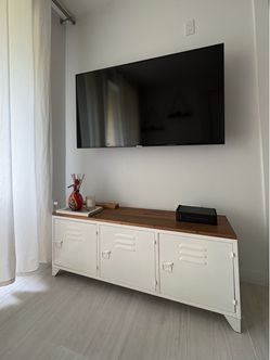 White Metal TV Stand with Wood Top