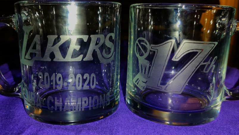 LAKERS custom etched glass mugs with champ logo