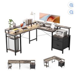 66.93 Inch L-Shaped Desk with Storage Drawers, Gaming Desk with Power Outlet & LED Light Strip, Corner Computer Desk with Shelves for Home Office Work