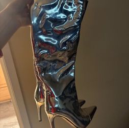 Silver Metallic Knee-High Stiletto Boots
