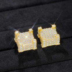 Exquisite Micro Pave 14K Gold Plated Cubic Zirconia Square Box Men Women 10mm Stud Earrings 
