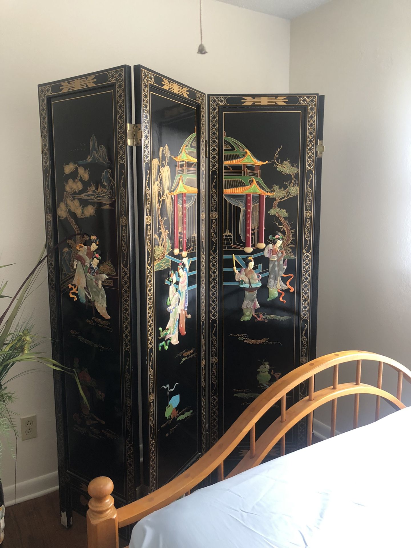 Chinese Room Divider Black Lacquer And Mother Pearl 4 Panel