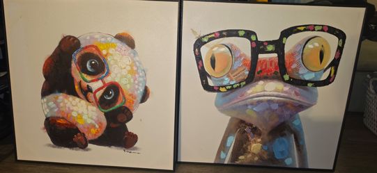 Matching Framed Frog & Panda Canvas Wall Art Set | 28.5" x 28.5" | $300 OBO