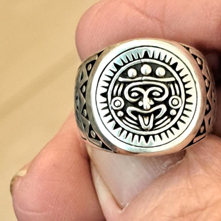 Sterling Silver 925 Aztec Calendar Ring In Size 9