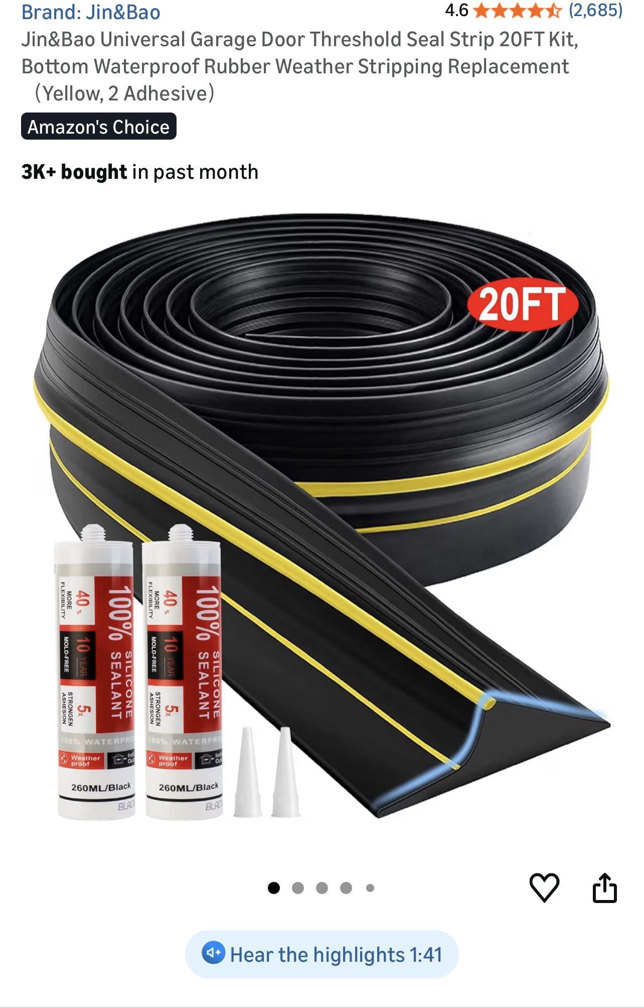 Universal Garage Door Threshold Seal Strip 20FT Kit, Bottom Waterproof Rubber Weather Stripping Replacement