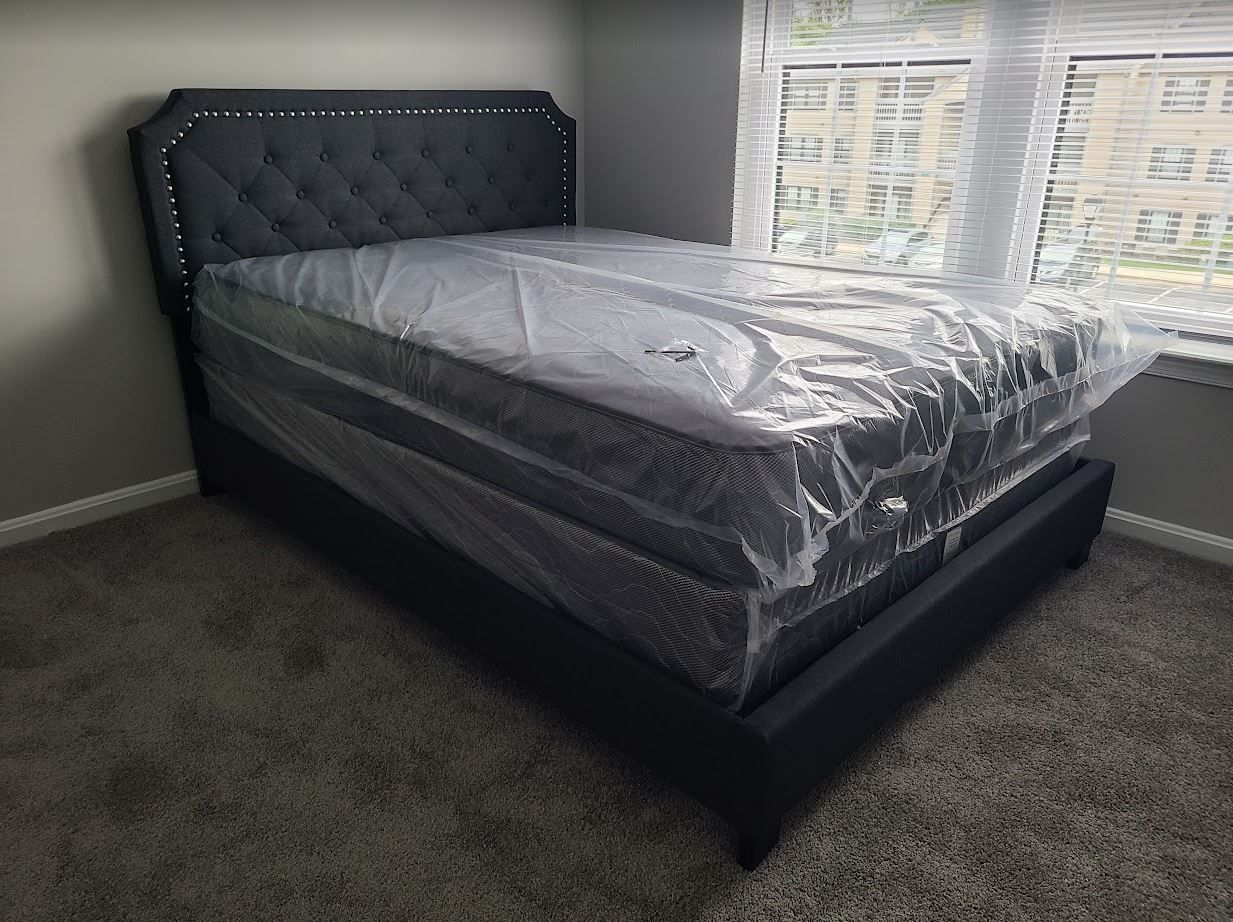 Queen bed frame + queen mattress + boxspring 3pc package special