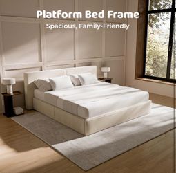 RECCI King Platform Bed Frame with Plush Upholstered Headboard 6-Inch, Easy Assembly, Noise-Free Stability (Beige, King (U.S. Standard))