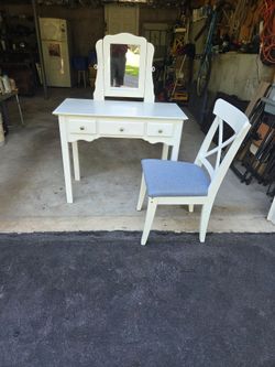Vanity with Mirror and Cushioned Chair Refinished