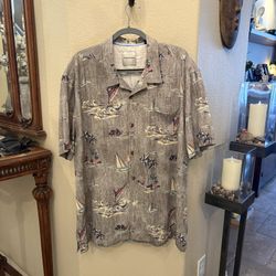 Tommy Bahama Men Light Brown Sailboat Fish Tree Print 100% Silk Shirt Size XXL