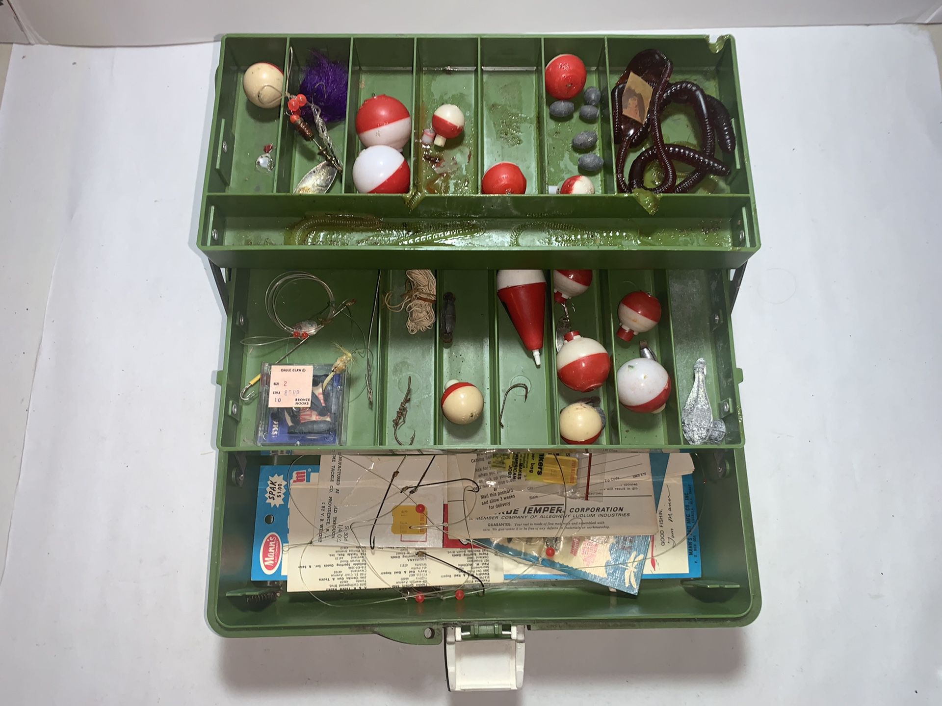 Vintage Tackle Box, Green Sears, 2 Tray 34443 White Latch Includes pictured  contents for Sale in Freehold, NJ - OfferUp