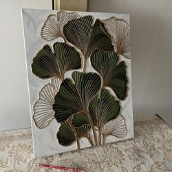 Beautiful Gold Green Ginkgo Leaves Painting Hand Painted Textured Art